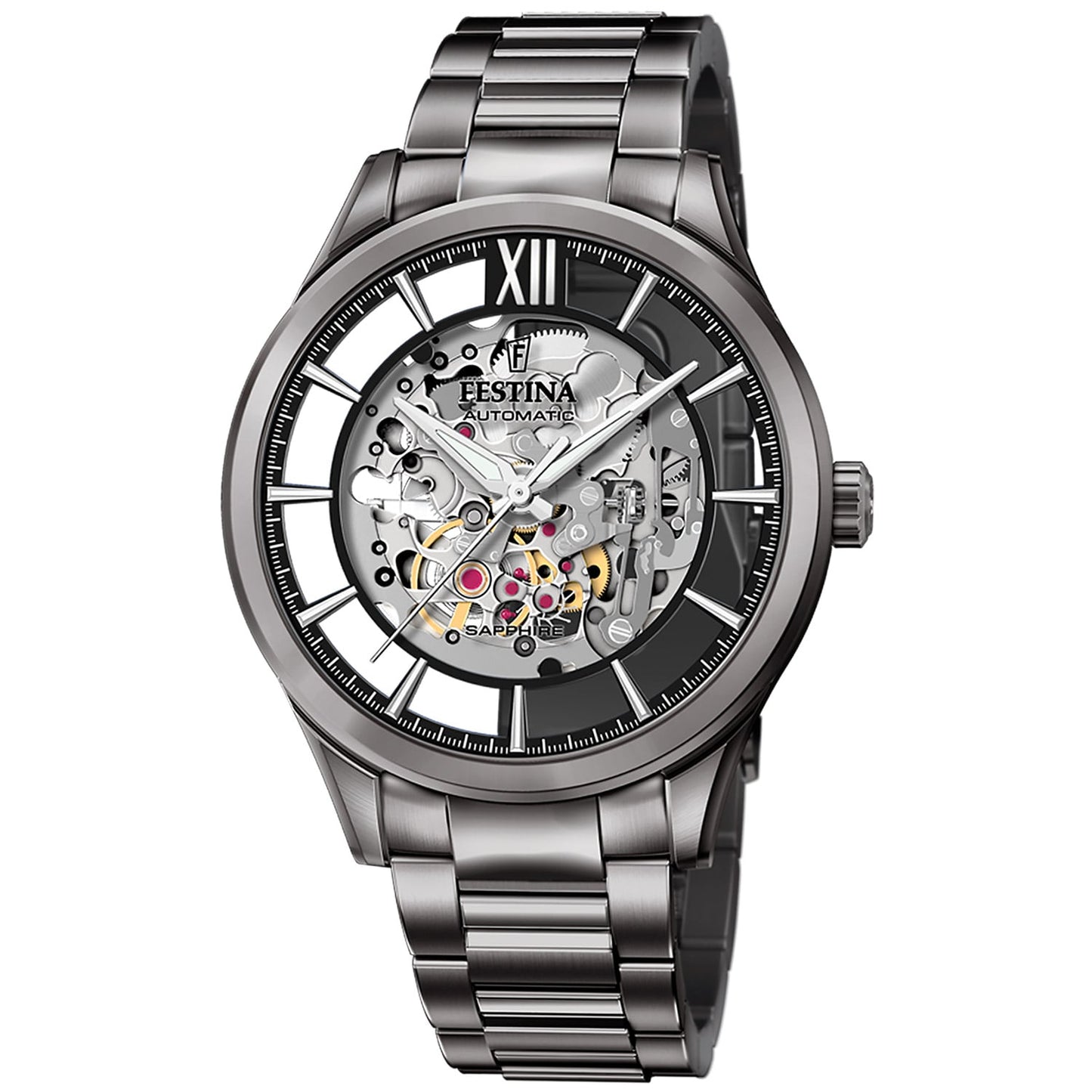 Herren-Automatik-Skelettarmbanduhr mit silbernem Metallarmband und sichtbarem Uhrwerk