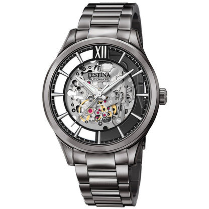 Herren-Automatik-Skelettarmbanduhr mit silbernem Metallarmband und sichtbarem Uhrwerk