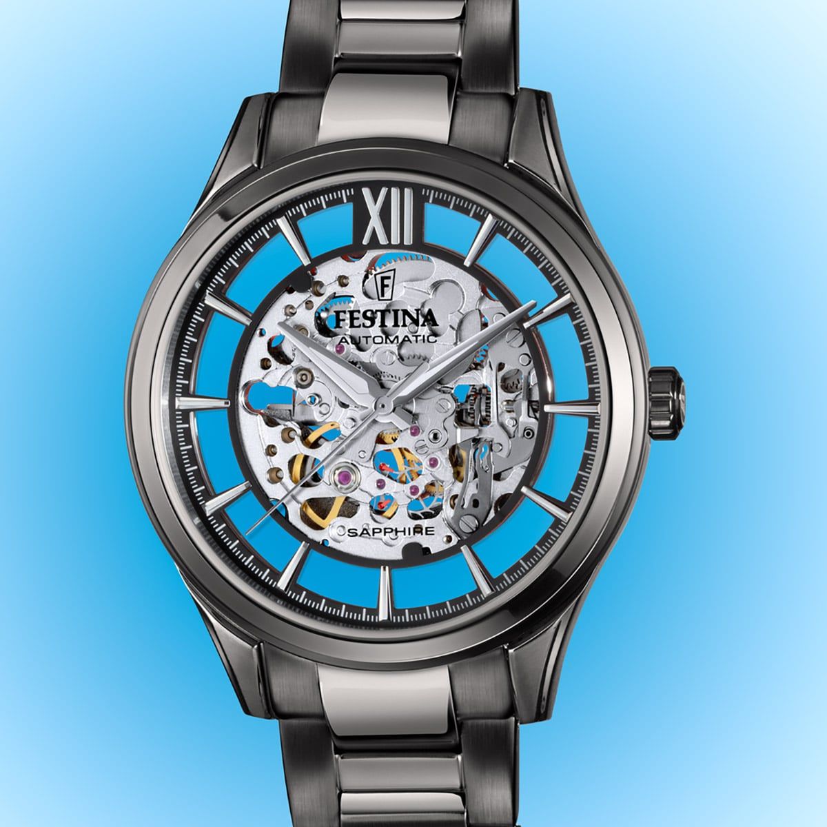 Herrenarmbanduhr mit transparentem Saphirglas, sichtbarem Skelettwerk und blauem Ziffernring