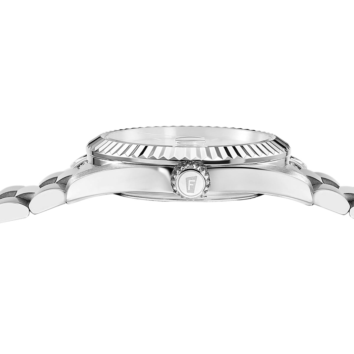 Herrenarmbanduhr: Edelstahlgehäuse mit geriffelter Lünette und Krone
