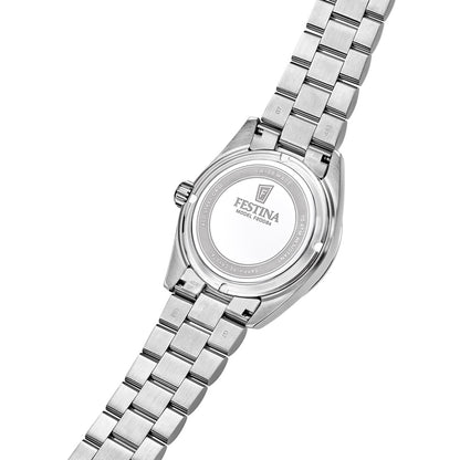Herrenarmbanduhr: Edelstahlarmband mit Gehäuseboden und Schriftzug Festina