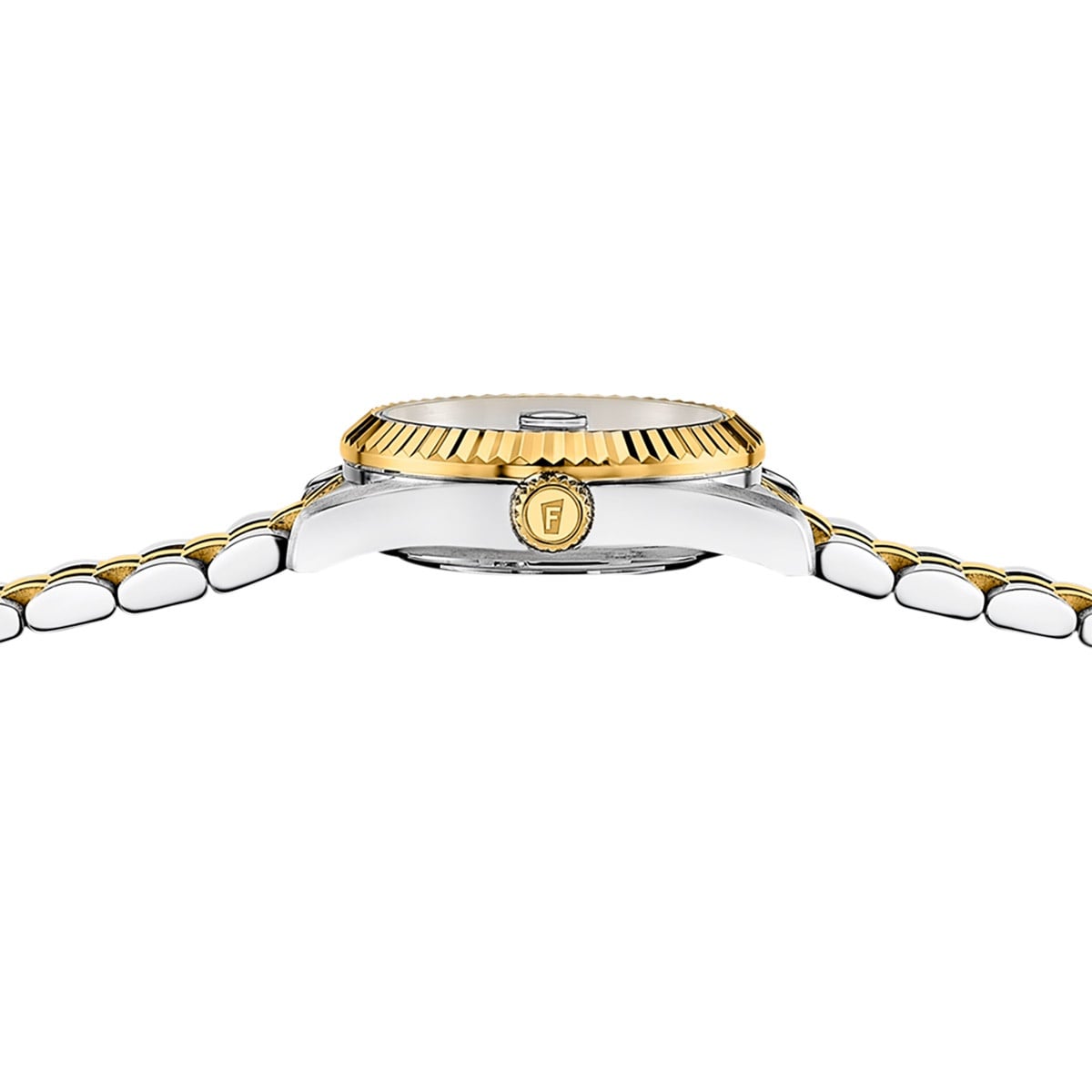 Bicolor-Uhr mit goldfarbener Lünette und Edelstahlband, Draufsicht auf das Gehäuse