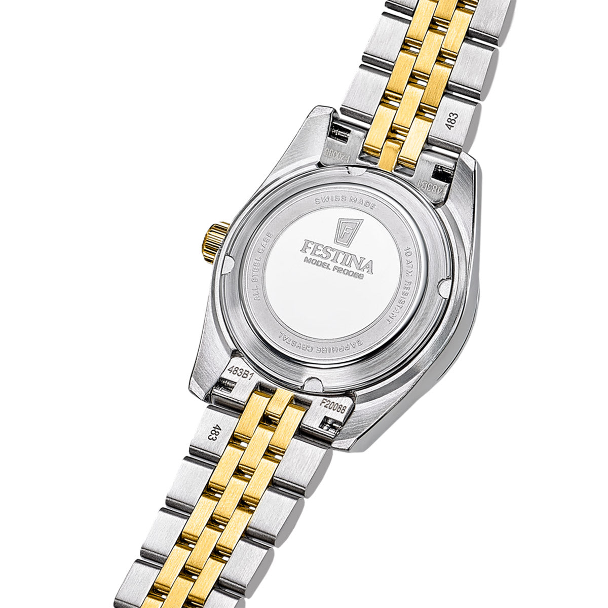 Festina Damenuhr Rückseite aus Edelstahl mit Gravur und bicolor Gliederarmband