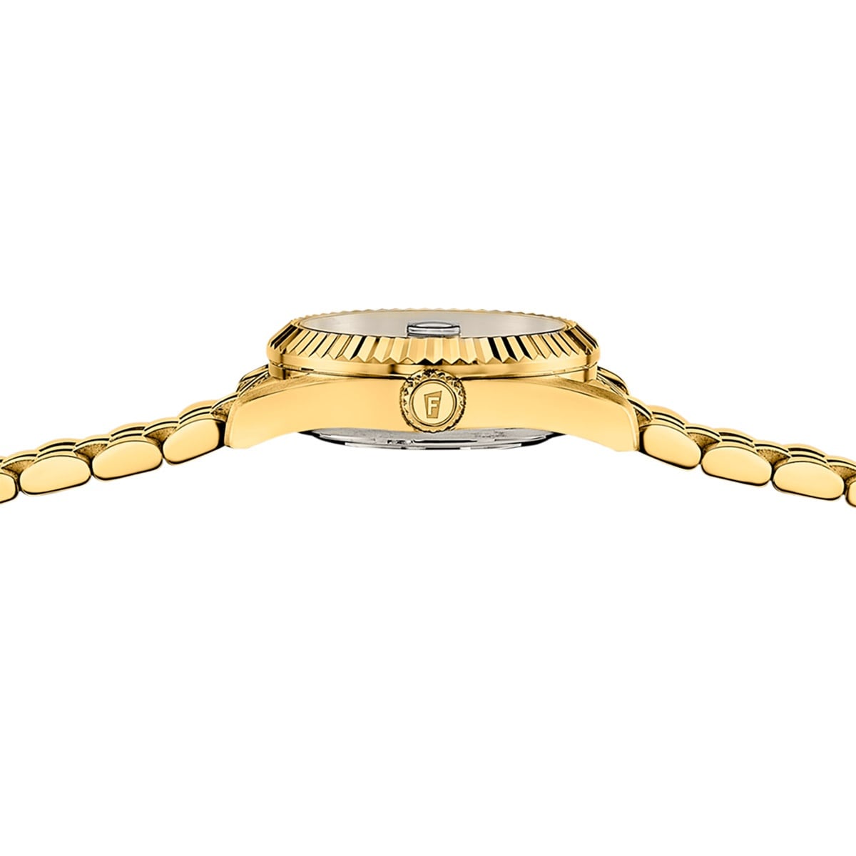 Goldfarbene Damenuhr: Nahansicht von Lünette und Edelstahlgliederarmband