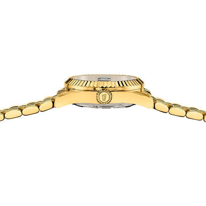 Goldfarbene Damenuhr: Nahansicht von Lünette und Edelstahlgliederarmband