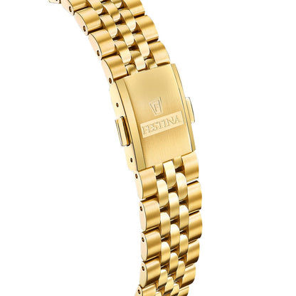 Goldfarbene Damenuhr mit Festina-Prägung an der Edelstahl-Schließe