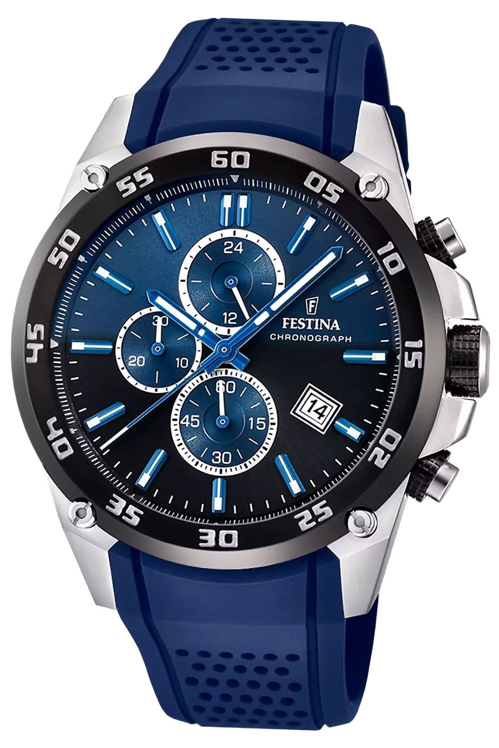 Herren-Chronographenuhr mit blauem Zifferblatt, Chrono-Subdials und Datumsfenster, blauem Silikonband
