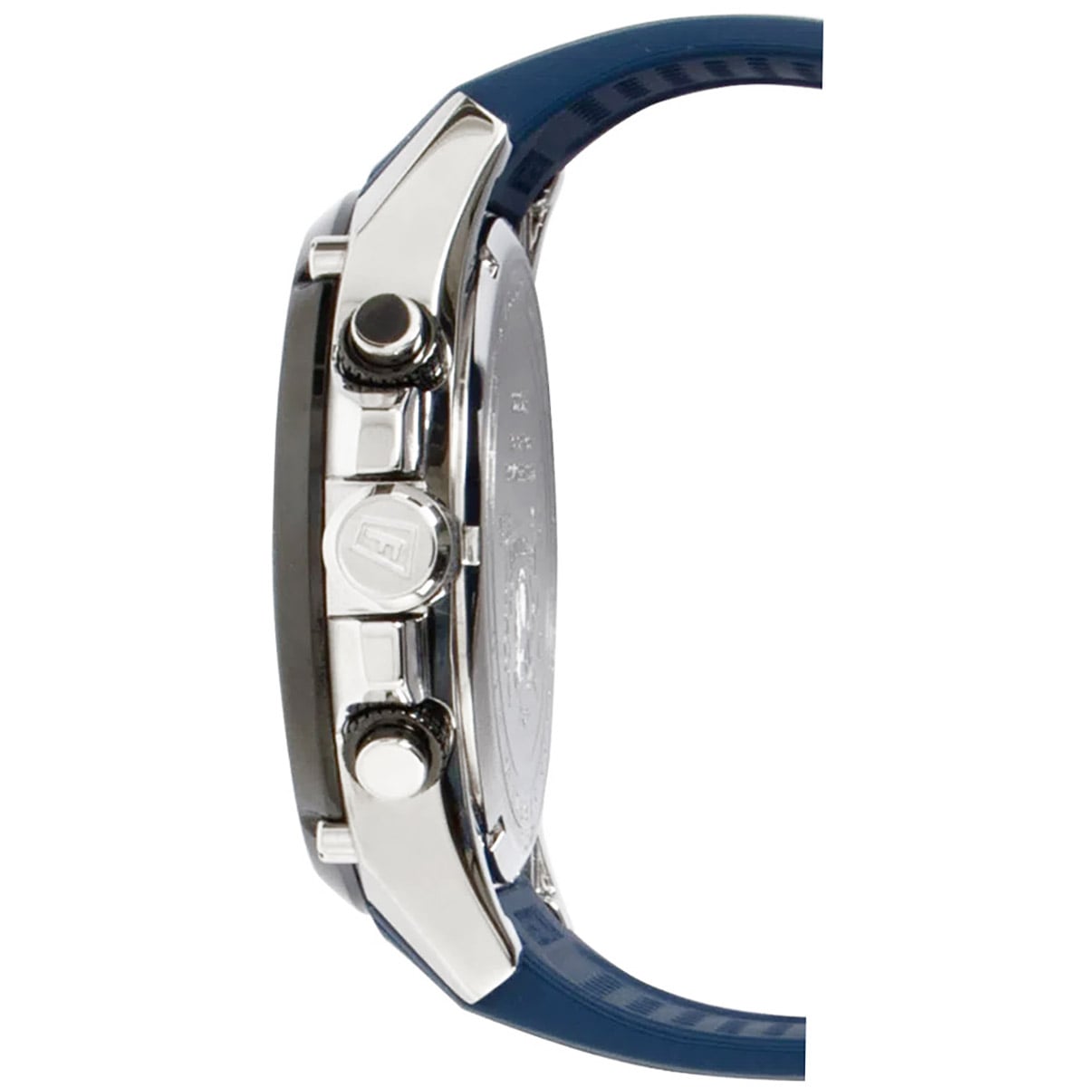 Seitenansicht Herren-Chronographenuhr mit Gehäuse, Drückern und Krone, blauem Silikonband