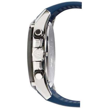 Seitenansicht Herren-Chronographenuhr mit Gehäuse, Drückern und Krone, blauem Silikonband