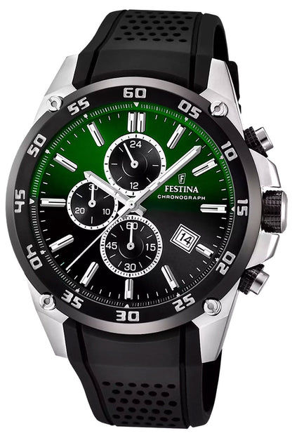 Herren-Chronograph Festina mit grün-schwarzem Zifferblatt, Edelstahlgehäuse und Kautschukband