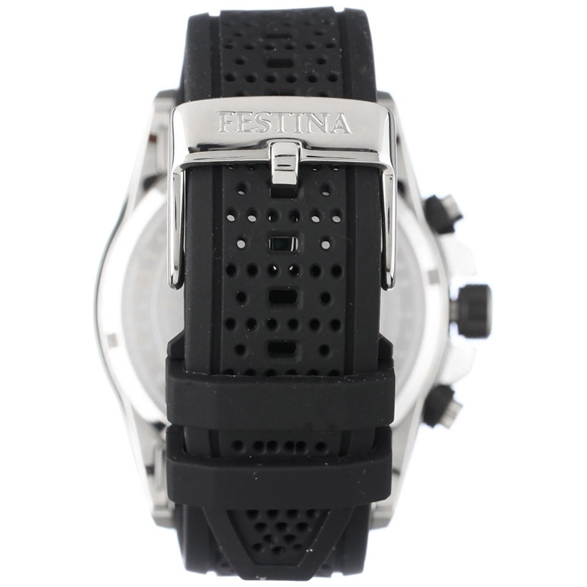 Herren-Chronograph Festina mit perforiertem schwarzem Kautschukarmband, Gehäuse mit Schriftzug