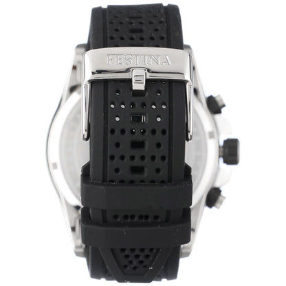 Herren-Chronograph Festina mit perforiertem schwarzem Kautschukarmband, Gehäuse mit Schriftzug