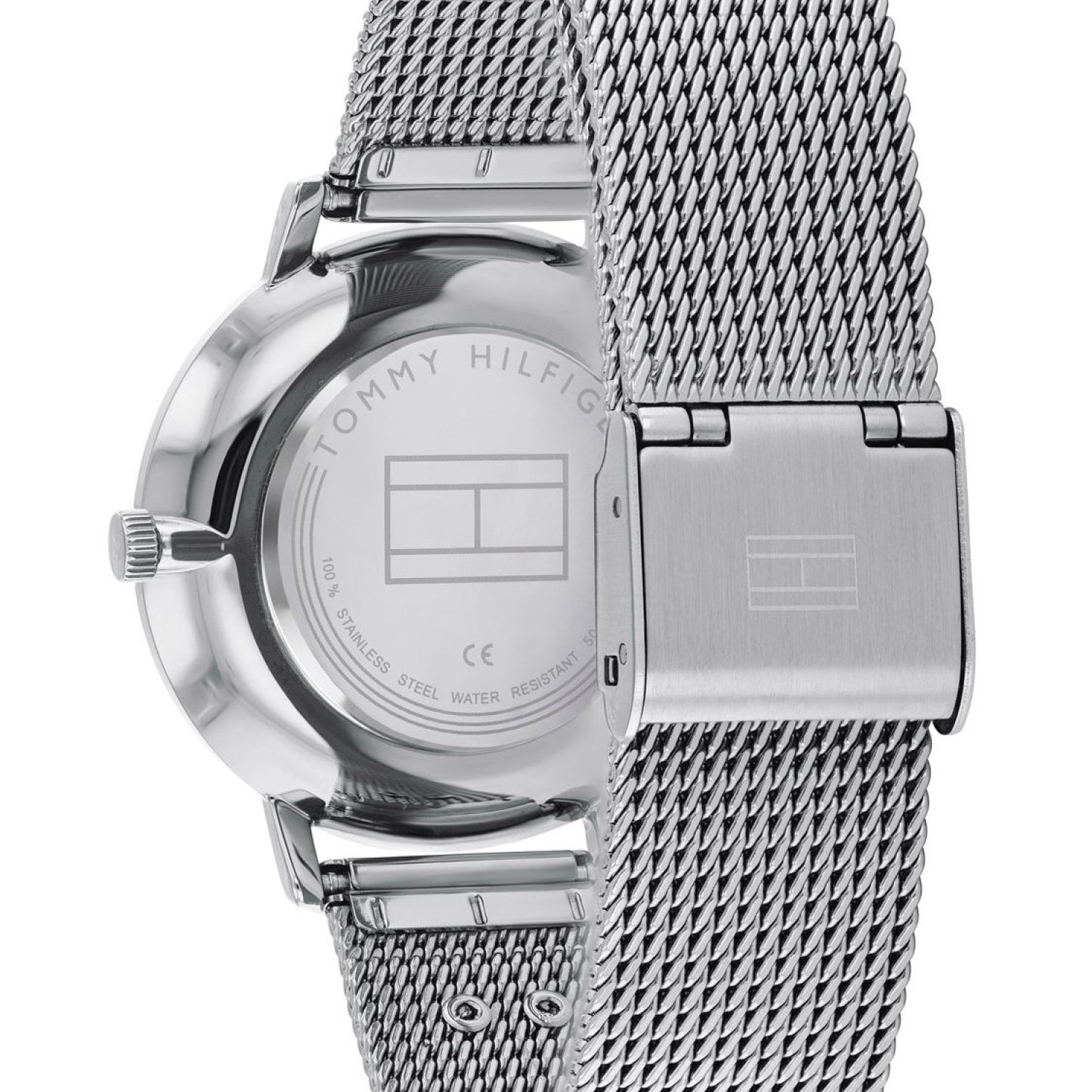 Silberne Damenarmbanduhr hinten mit Milanaise-Edelstahlarmband und Verschluss