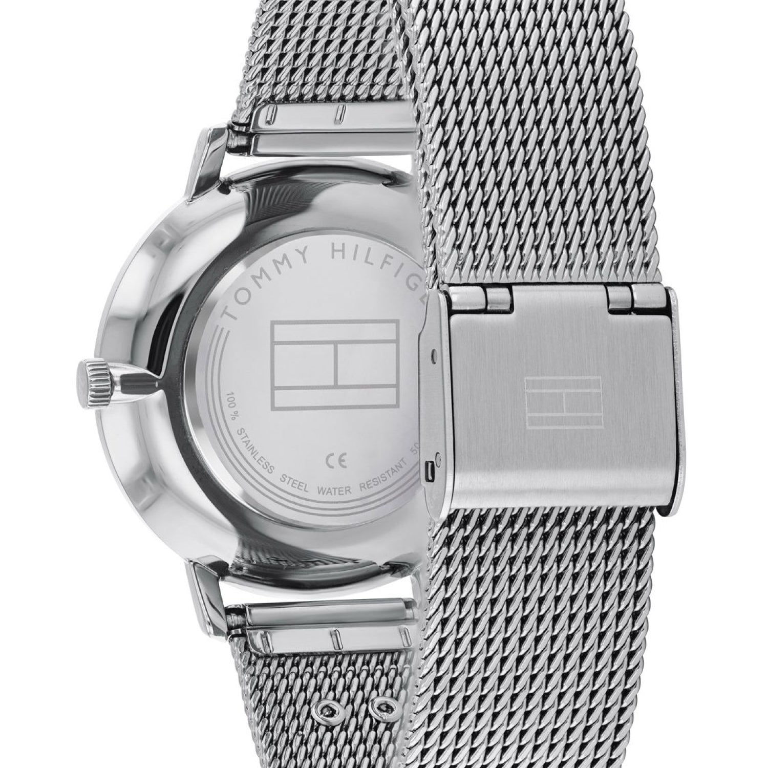 Silberne Damenarmbanduhr hinten mit Milanaise-Edelstahlarmband und Verschluss
