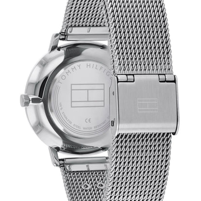Silberne Damenarmbanduhr hinten mit Milanaise-Edelstahlarmband und Verschluss
