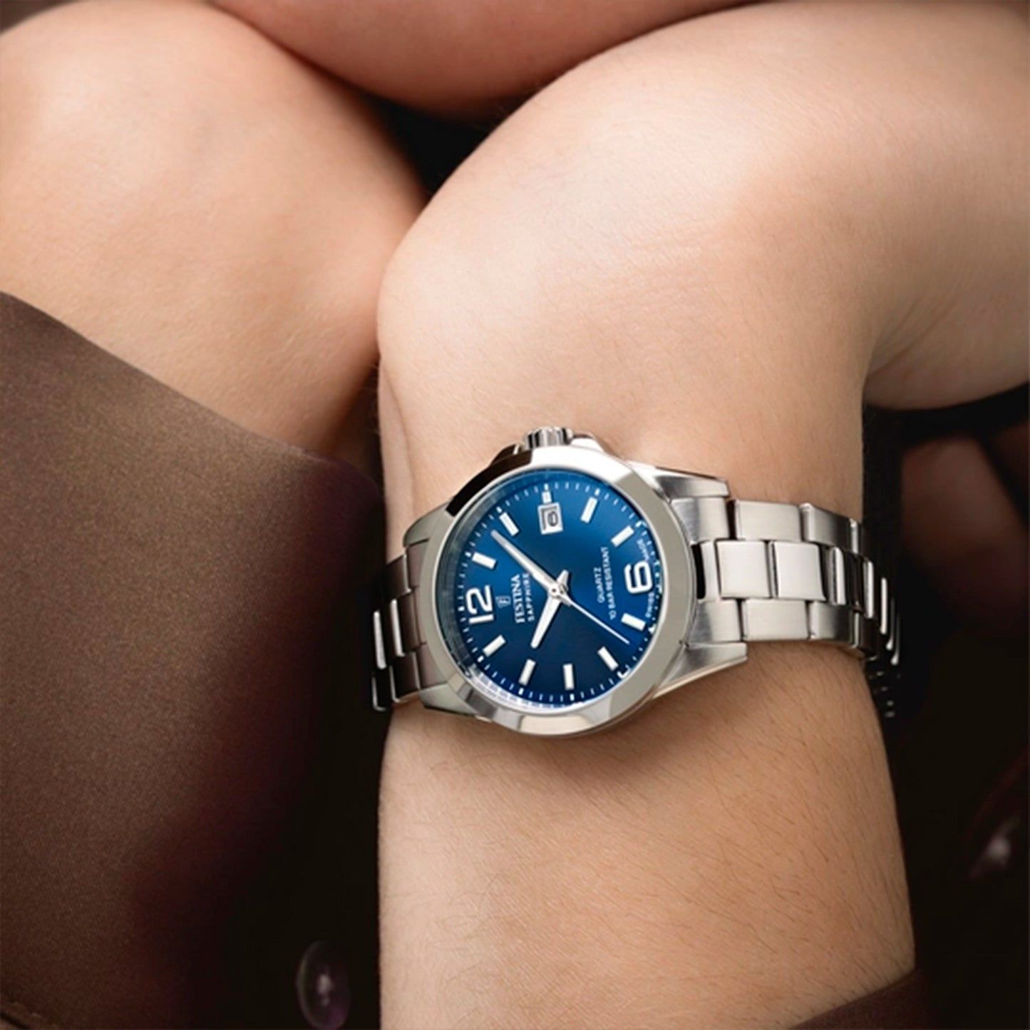 Festina Damenuhr am Handgelenk, Edelstahlband, blaues Zifferblatt mit Indexen