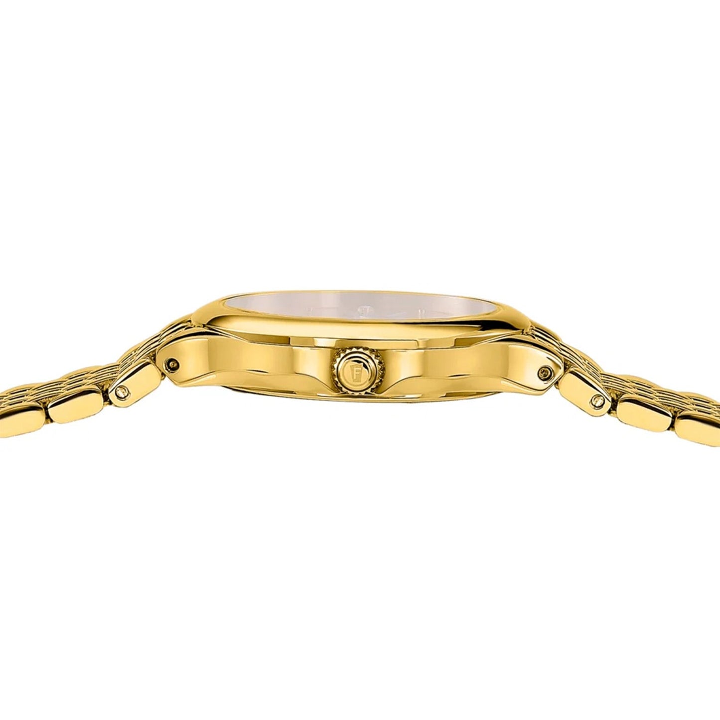 Damenuhr Ansicht von der Seite: goldfarbenes Gehäuse mit Krone und Gliederarmband