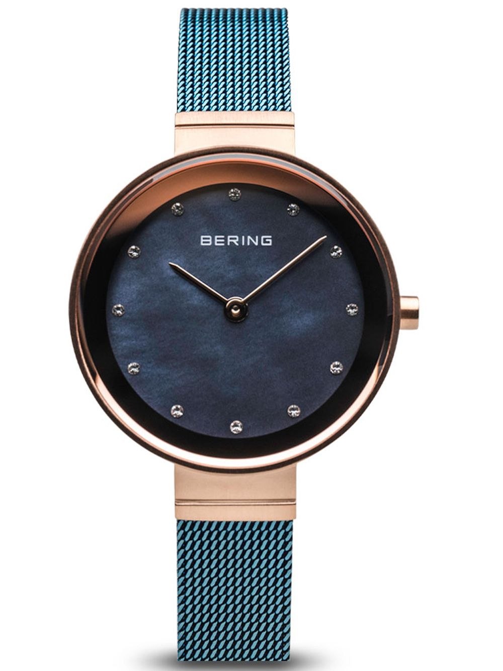 Damenuhr mit roségoldener Lünette, blauem Milanaise-Armband und blauem Zifferblatt, BERING