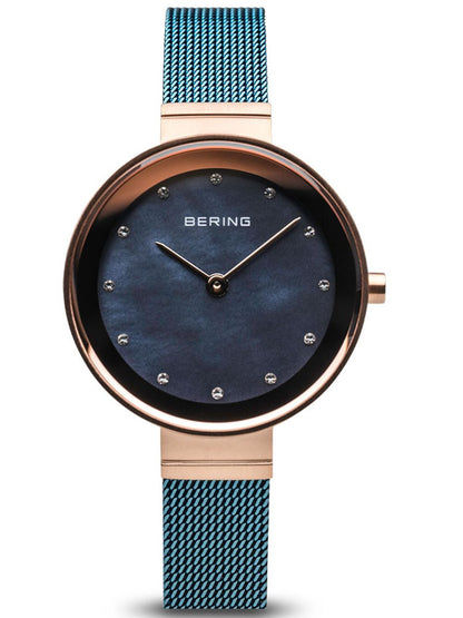 Damenuhr mit roségoldener Lünette, blauem Milanaise-Armband und blauem Zifferblatt, BERING