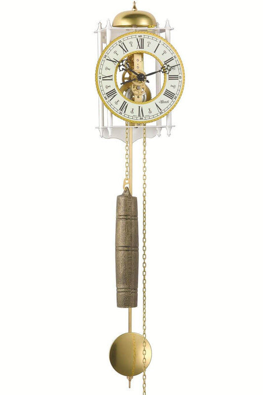 Hermle Stafford Skelett-Wanduhr mit weißem Zifferblatt, goldener Kette und Gewichten
