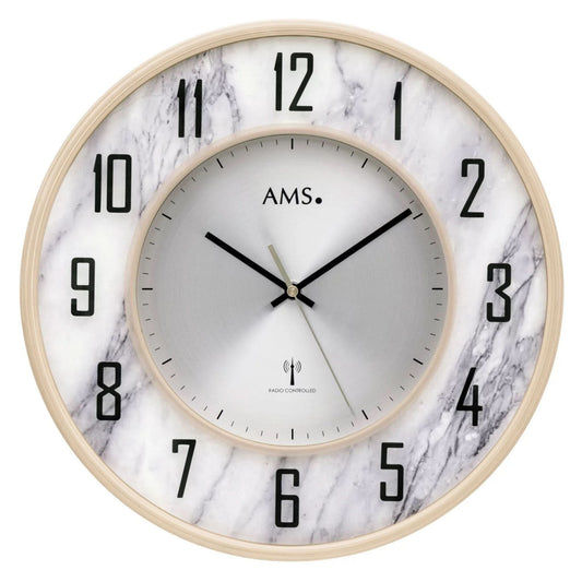 Horloge murale AMS 34 cm Ø plastique • Radio-pilotée • Aspect marbre