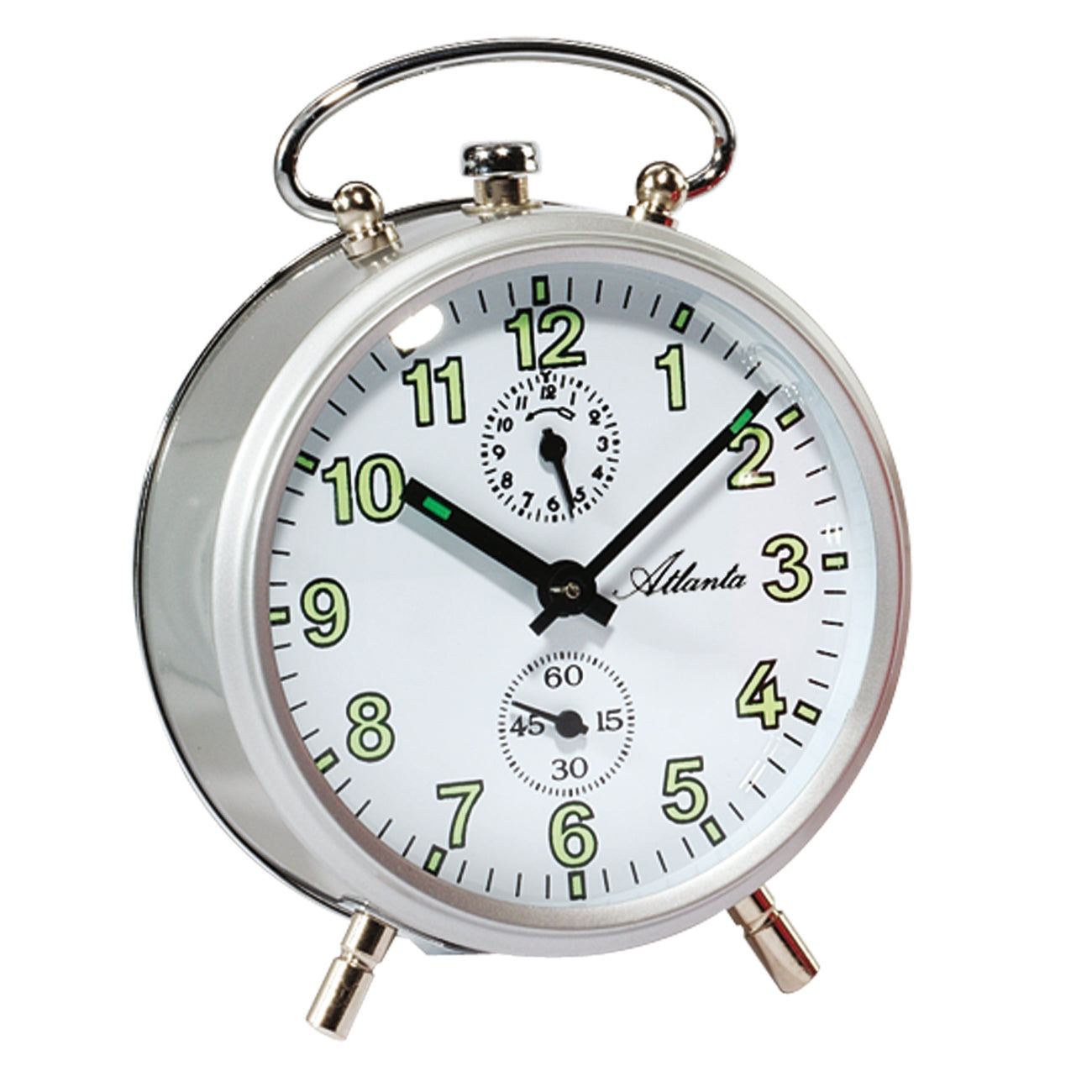 Réveil mécanique avec boîtier argenté, cadran blanc et chiffres luminescents