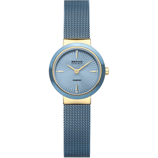Damenarmbanduhr mit blauem Zifferblatt, goldener Keramiklünette und blauem Meshband