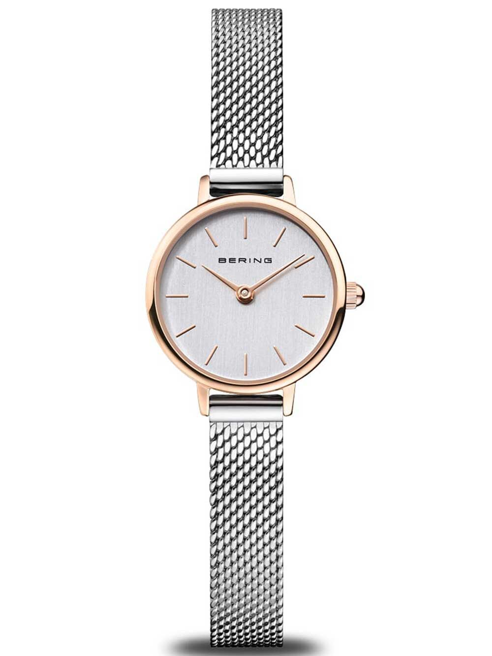 Bering Damenuhr mit roségoldenem Gehäuse und silbernem Mesh-Armband