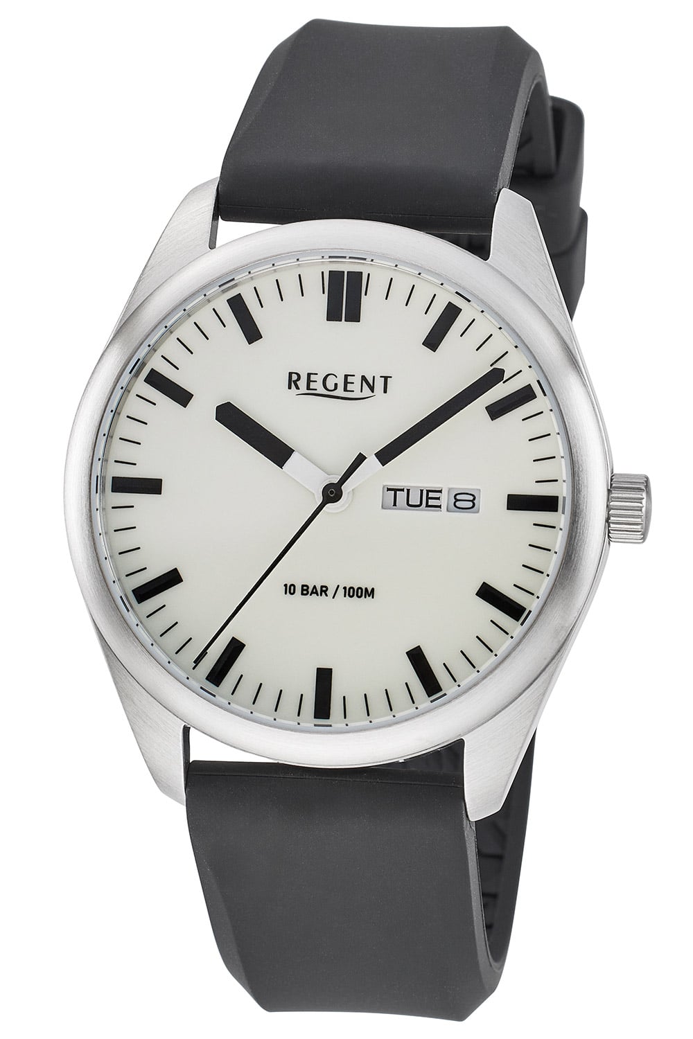 Herrenuhr mit schwarzem Lederband, silbernem Gehäuse und weißem Zifferblatt mit Datumsanzeige