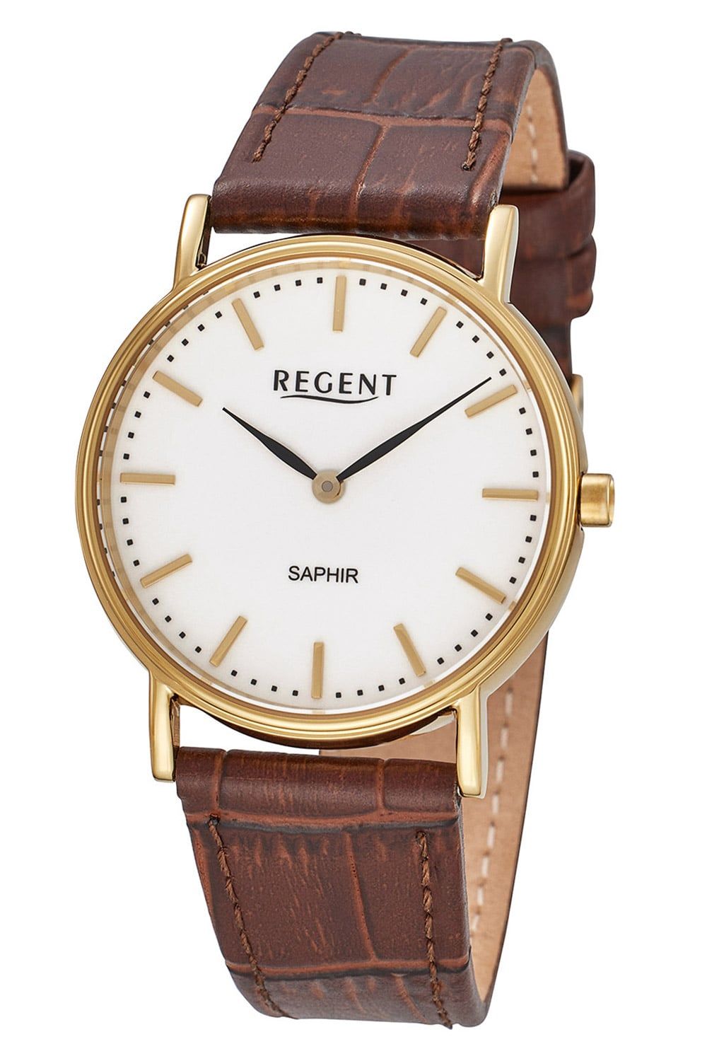 Regent Damenuhr mit braunem Lederarmband, goldfarbenem Gehäuse und weißem Saphirglas