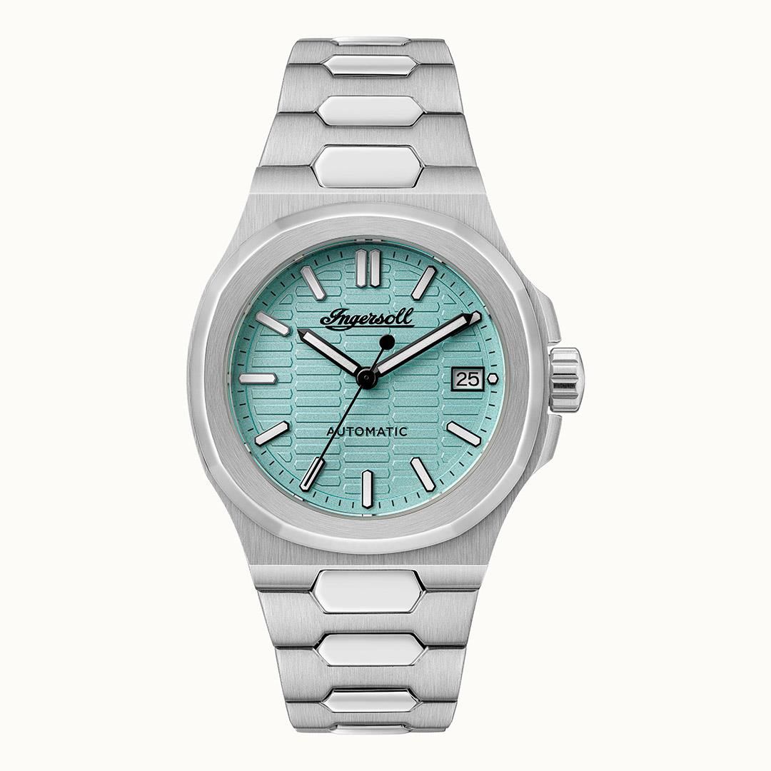 Herrenuhr mit türkisem Zifferblatt, Automatikanzeige und Metallarmband