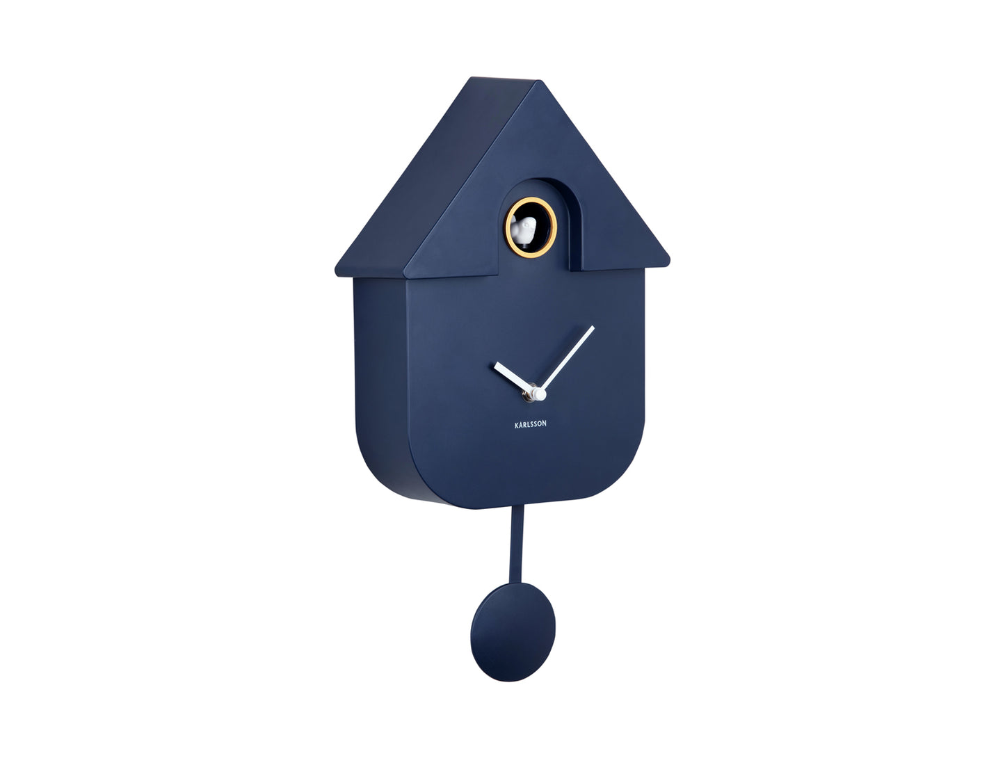 Horloge murale Karlsson design maison, bleu foncé avec balancier et ouverture coucou