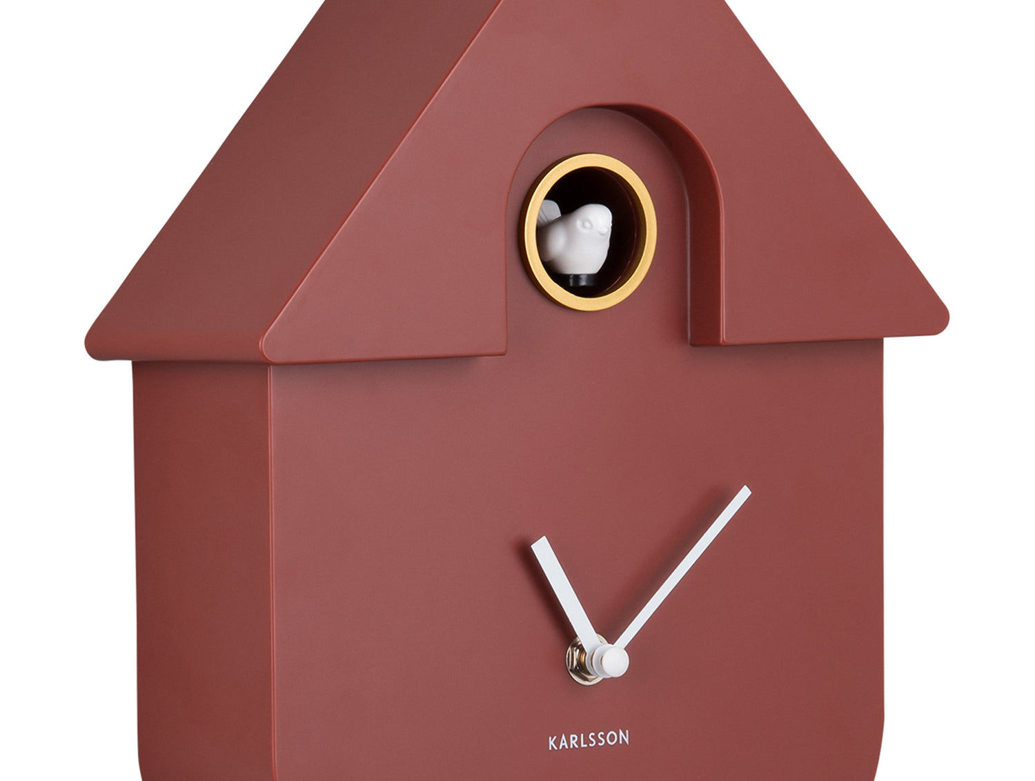 Horloge murale Karlsson forme maison, boîtier rouge avec cadran et aiguilles dorés