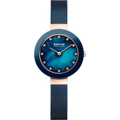 Bering Damenarmbanduhr aus Keramik mit blauem Zifferblatt und Milanaise-Armband