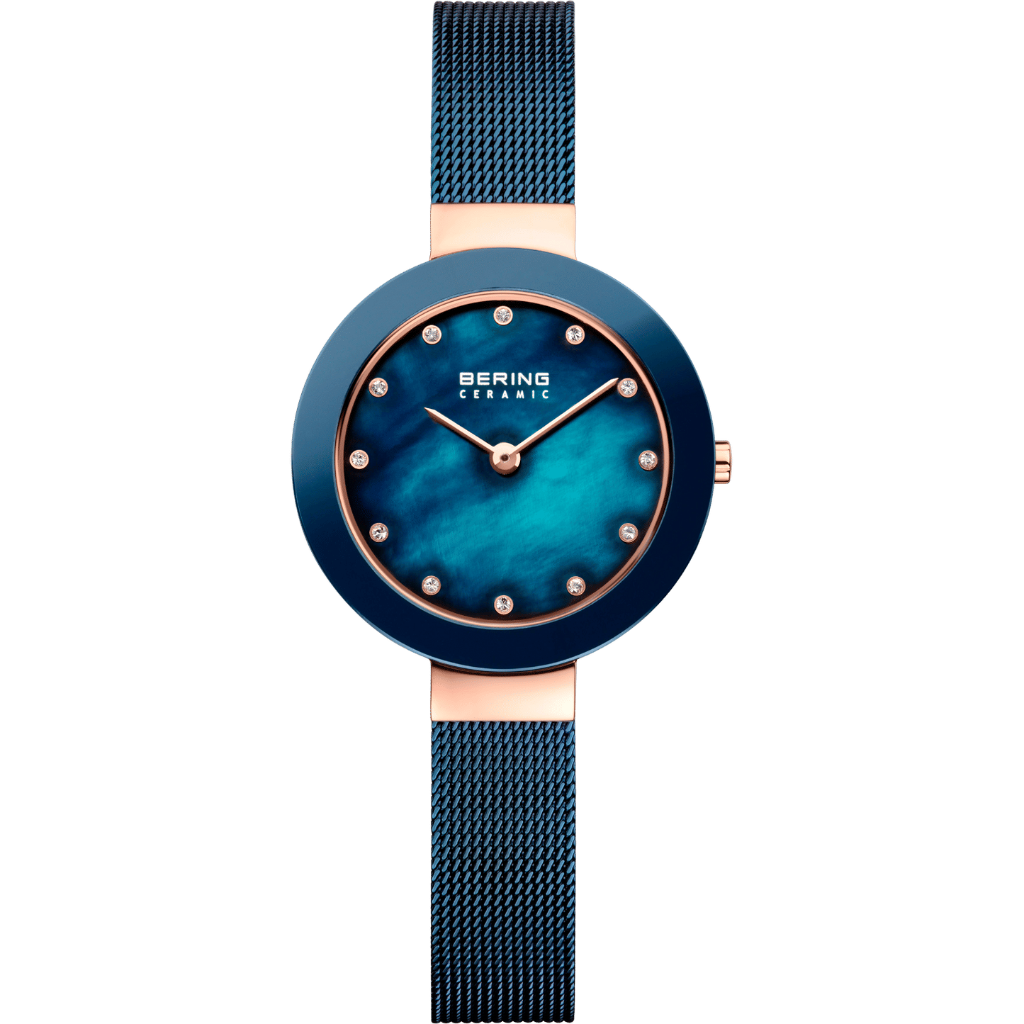 Bering Damen-Keramikuhr mit blauem Zifferblatt und Milanaise-Armband
