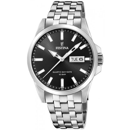 Herrenuhr von Festina mit schwarzem Zifferblatt, Edelstahlarmband und Datumsanzeige