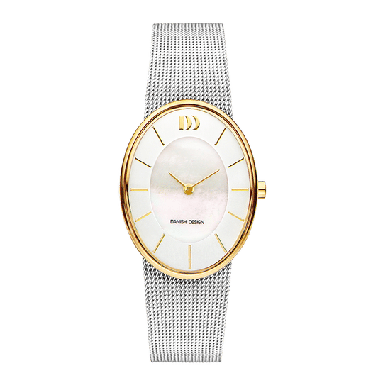 Damen-Armbanduhr: perlmutfarbenes Zifferblatt, goldfarbene Lünette, Milanaise-Armband