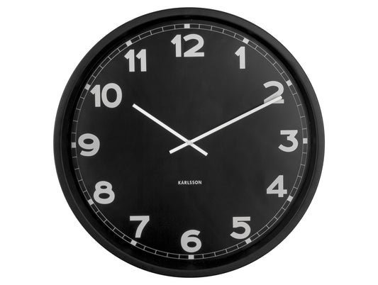 Horloge murale noire avec boîtier rond, chiffres et aiguilles blancs