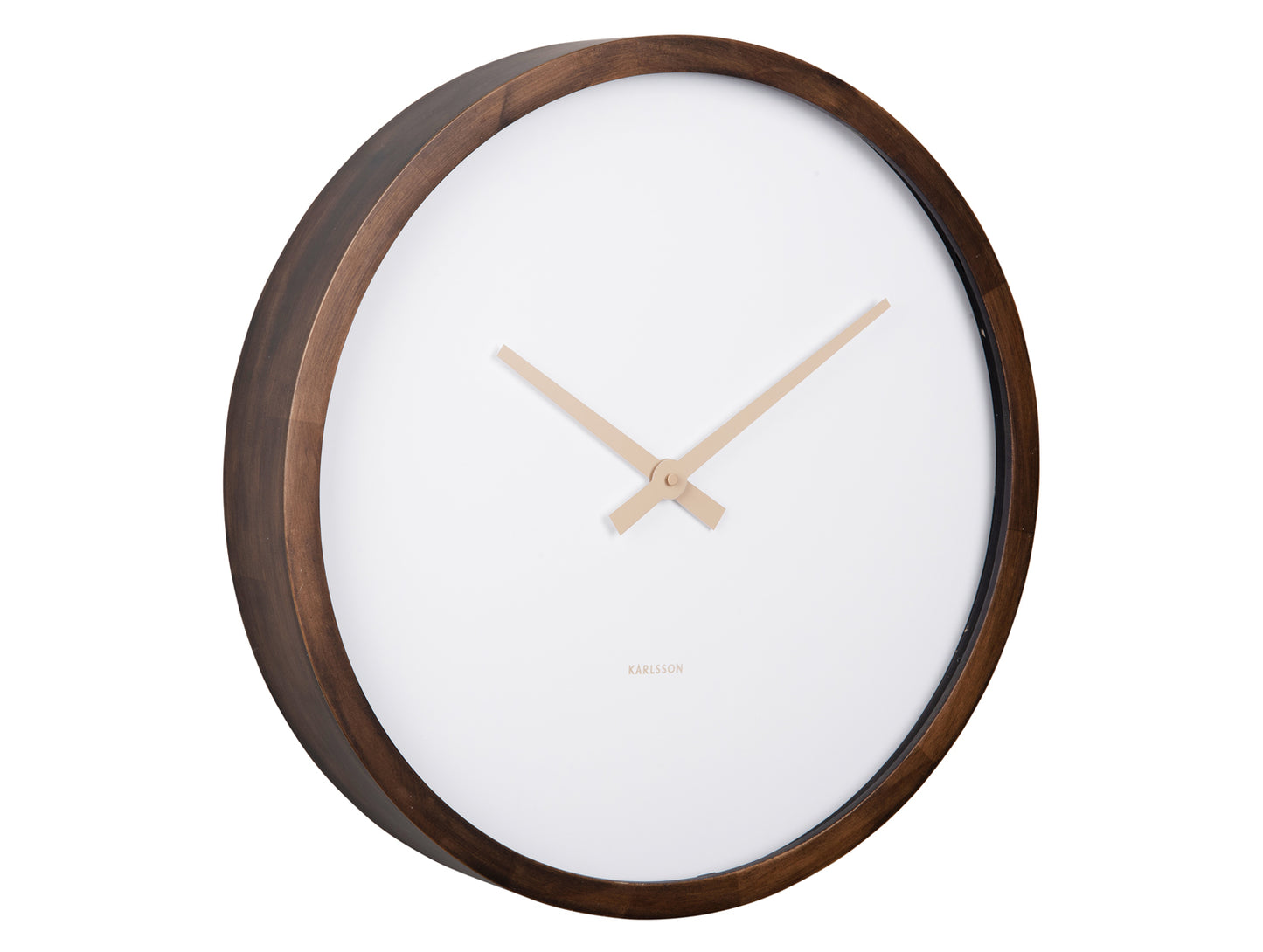 Horloge murale avec cadre en bois sombre et cadran blanc, trois aiguilles fines