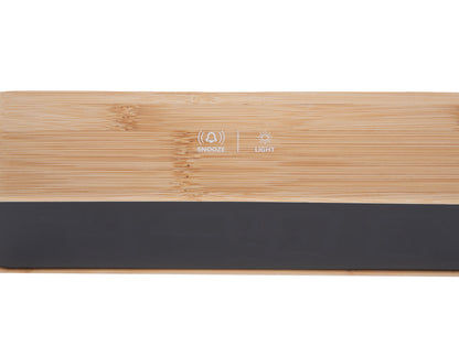 Réveil LED en bambou, détail des boutons de commande et des icônes lumineuses/snooze