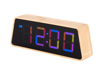 Réveil LED avec boîtier en bambou et écran LED à changement de couleur, affiche l'heure 12:19