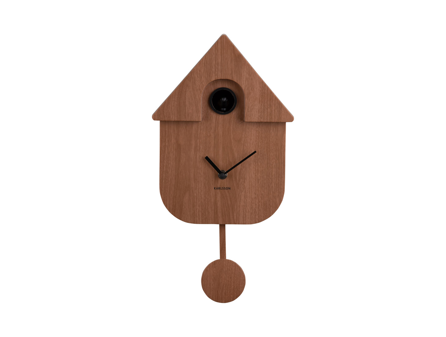 Coucou en bois sombre en forme de maison avec pendule et aiguilles