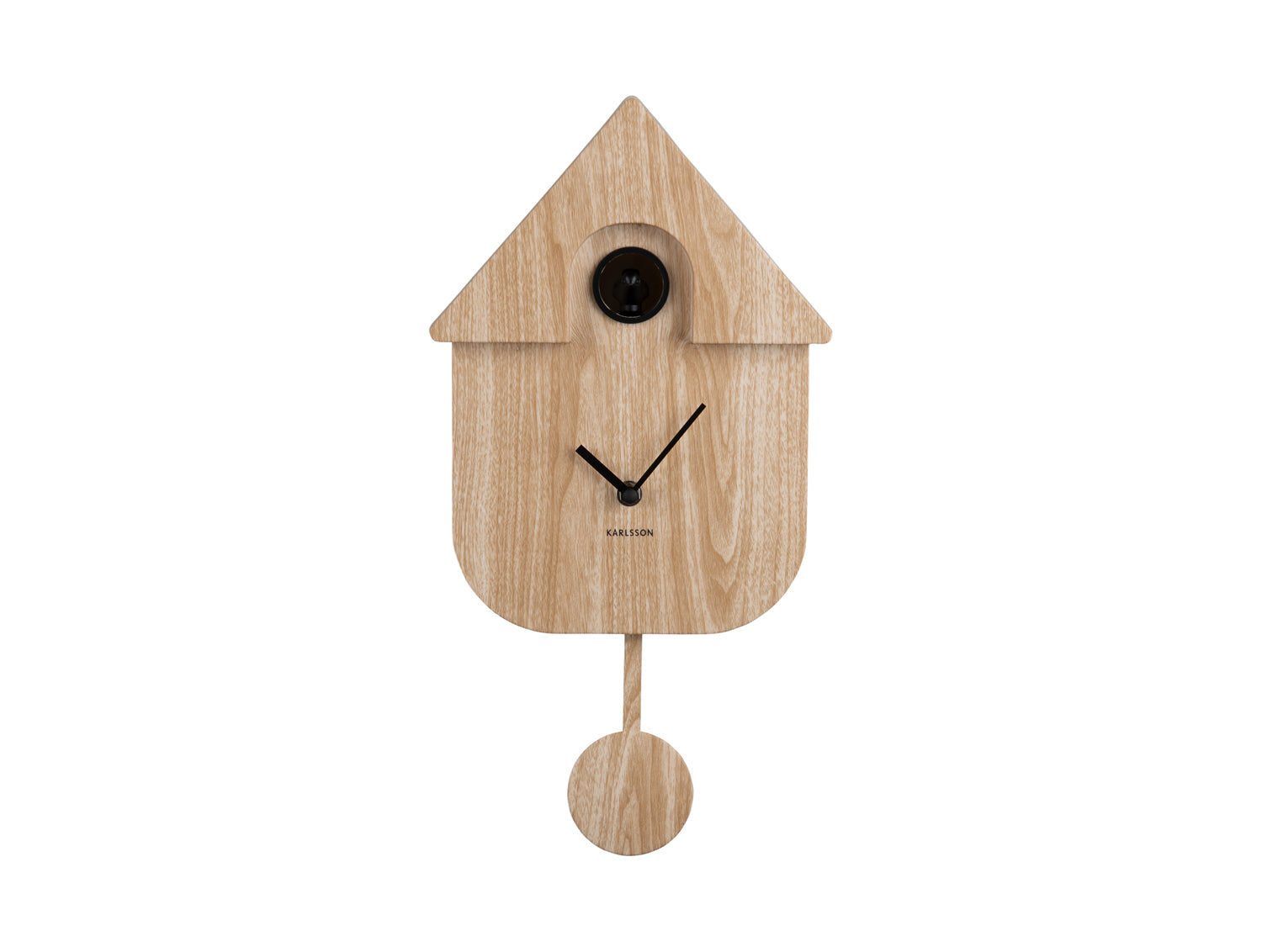 Horloge murale Karlsson design maison en bois clair avec balancier et aiguilles