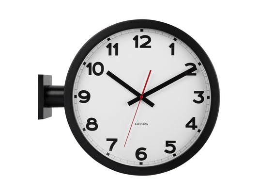 Horloge murale avec cadran blanc, aiguilles noires et marqueur rouge, cadre noir