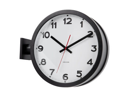 Horloge murale avec cadran blanc et aiguilles noires, marqueur central rouge, sur support mural
