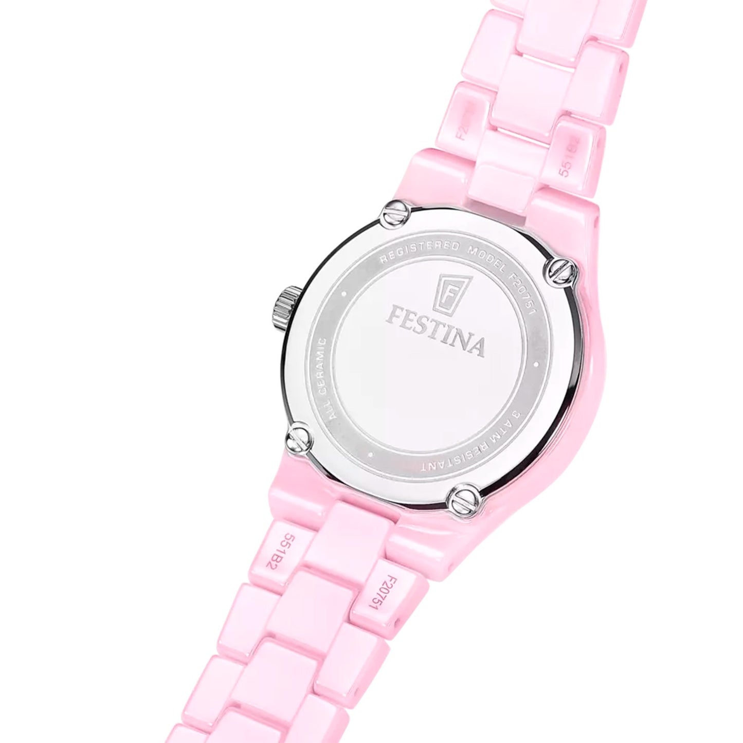 Festina Damenarmbanduhr, Rückseite mit silbernem Ring und pinkem Keramikband