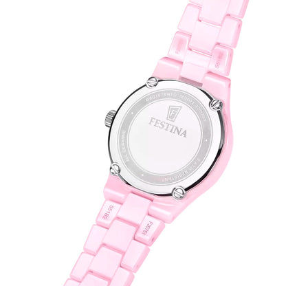 Festina Damenarmbanduhr, Rückseite mit silbernem Ring und pinkem Keramikband