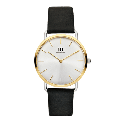 Damen-Armbanduhr mit weißem Zifferblatt, goldenen Zeigern und schwarzem Lederarmband