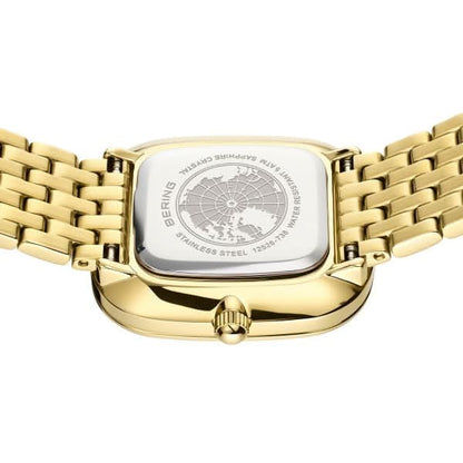 Fond de boîtier de montre pour femme avec fond argenté gravé et bracelet à maillons dorés