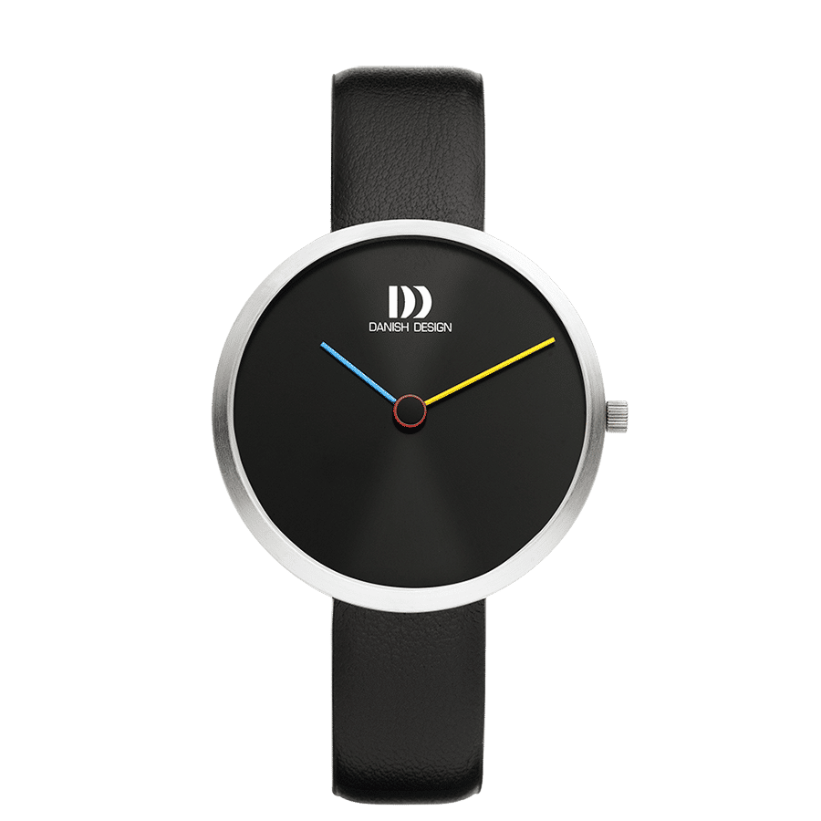 Damenuhr mit schwarzem Zifferblatt und Lederarmband, farbigen Zeigern